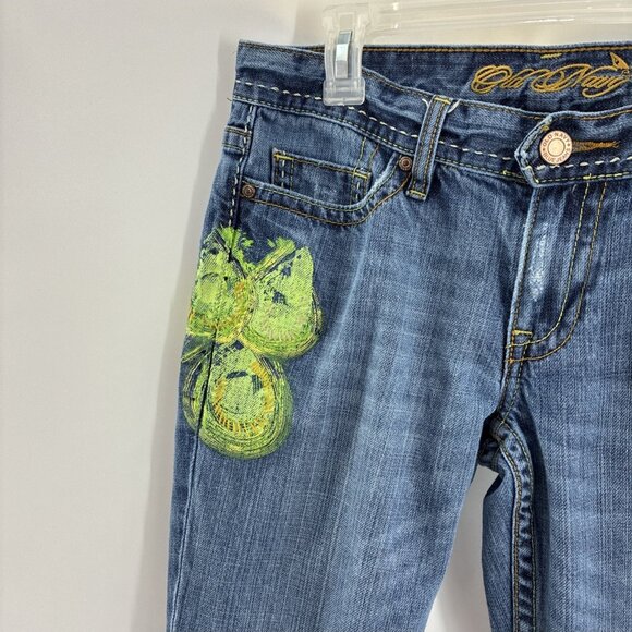 Old Navy Womens 6 Y2K Bootcut Jeans Blue Distressed Denim Painted Pocket - Picture 3 of 11